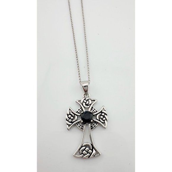 Bold Celtic Cross with Black Sapphire Center - Sterling Silver with 18" Chain - Picture 4 of 9